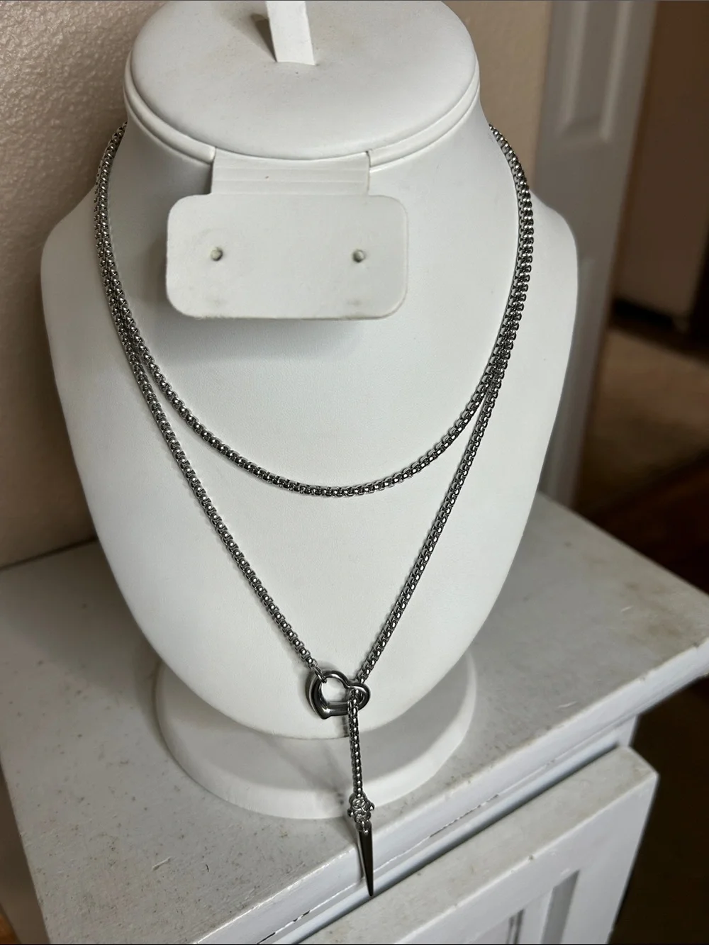 Silver Tone Lariat Necklace with Heart Toggle and Spike Pendant
